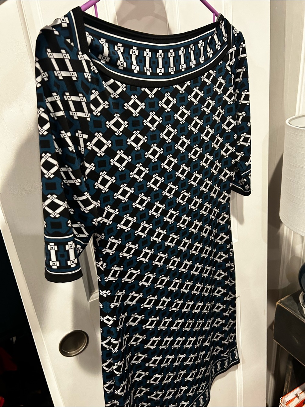 Max Studio Blue Black Geometric Print 3/4 Sleeve Sheath Dress Size S